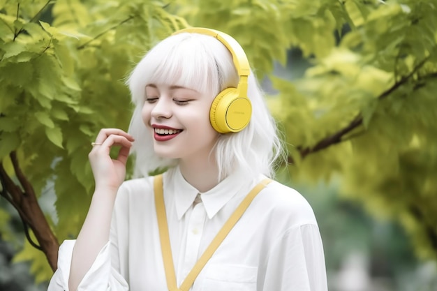 Uma mulher com cabelos brancos usando fones de ouvido e uma camisa branca está em frente a uma árvore.