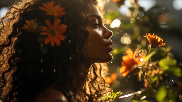 Foto uma mulher com cabelos cacheados e flores ao sol