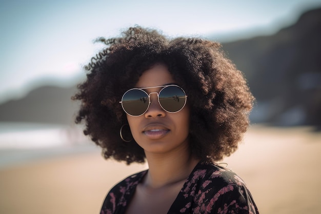 Uma mulher com cabelos cacheados e óculos de sol está em uma praia.