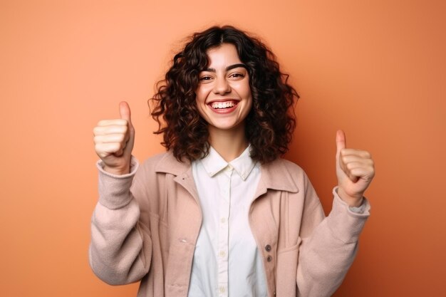 Uma mulher com cabelos cacheados e uma jaqueta rosa sorri e mostra um sinal de positivo em uma parede laranja