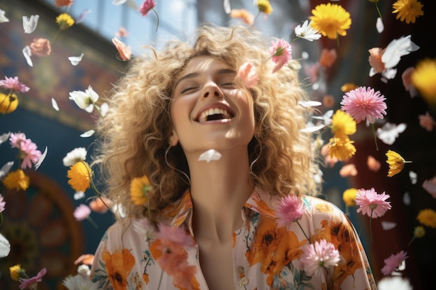 uma mulher com cabelos cacheados está rindo no ar rodeada de flores