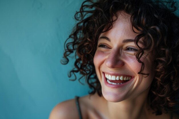 Uma mulher com cabelos cacheados sorrindo