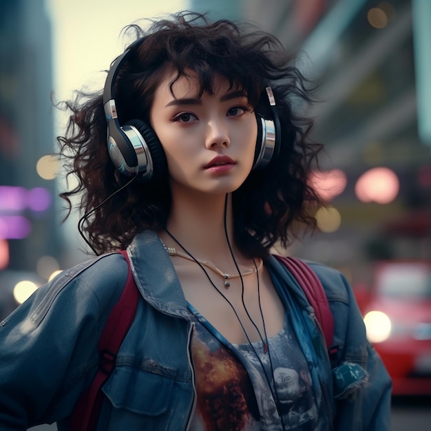 uma mulher com cabelos cacheados usando fones de ouvido e uma camisa com a foto de uma mulher usando fones de ouvido.