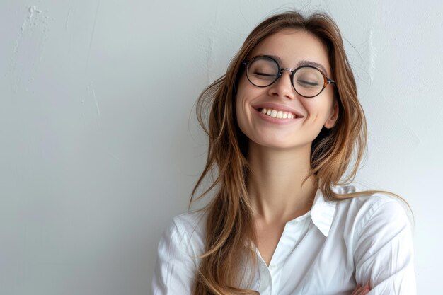 Foto uma mulher com cabelos castanhos longos e óculos está sorrindo e olhando para a câmera