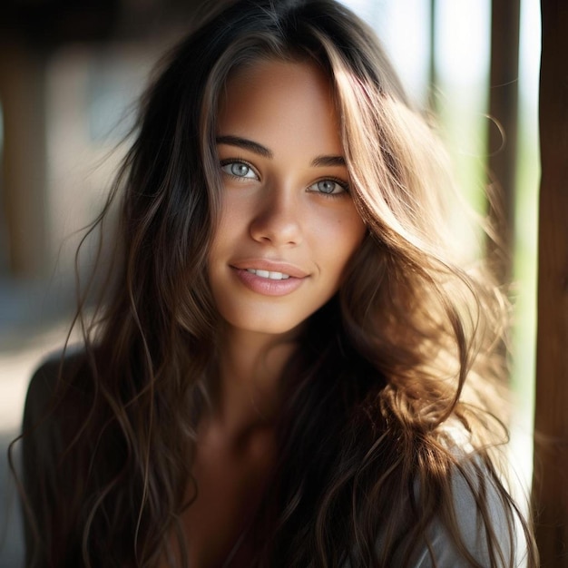 Uma mulher com cabelos castanhos longos e olhos azuis.