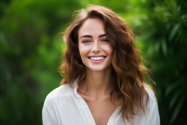 uma mulher com cabelos castanhos longos e uma camisa branca está sorrindo