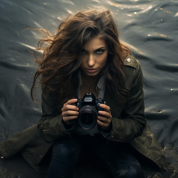 uma mulher com cabelos castanhos longos está segurando uma câmera