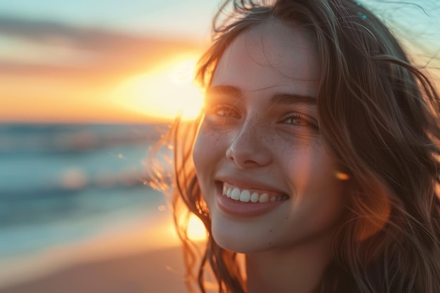 Uma mulher com cabelos castanhos longos está sorrindo para a câmera