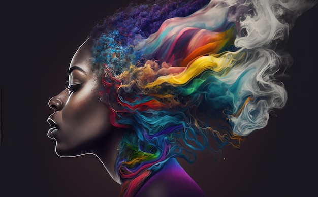 Uma mulher com cabelos coloridos e um arco-íris no rosto