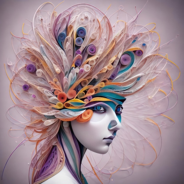 Uma mulher com cabelos coloridos e um chapéu com um desenho colorido
