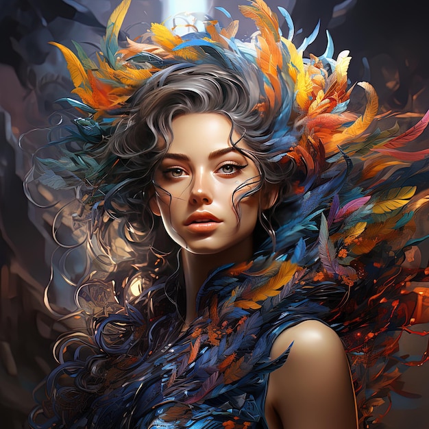 uma mulher com cabelos coloridos e uma pintura de uma mulher com uma cabeça de penas de pavão