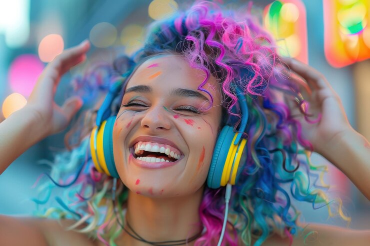 Foto uma mulher com cabelos coloridos está usando fones de ouvido e sorrindo imagem generativa ai