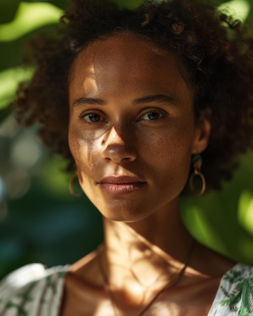 Uma mulher com cabelos encaracolados e brincos ao sol.