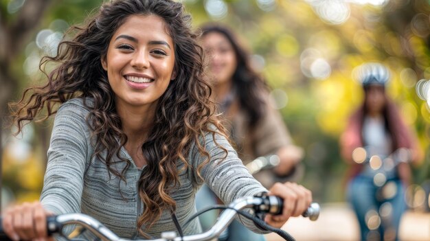 Uma mulher com cabelos encaracolados está andando de bicicleta e sorrindo