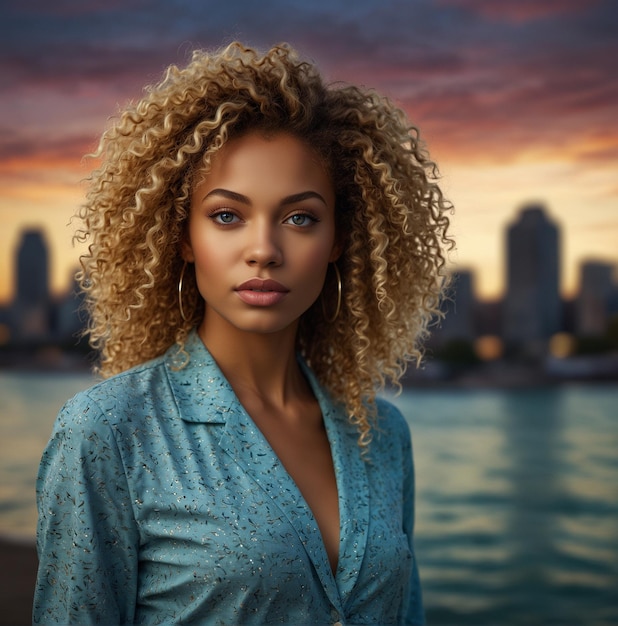 uma mulher com cabelos encaracolados está em frente a um horizonte da cidade