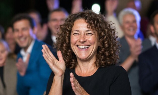 Foto uma mulher com cabelos encaracolados está sorrindo e agitando a mão