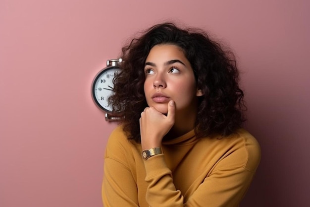 uma mulher com cabelos encaracolados olha para um relógio com a hora como 12 30