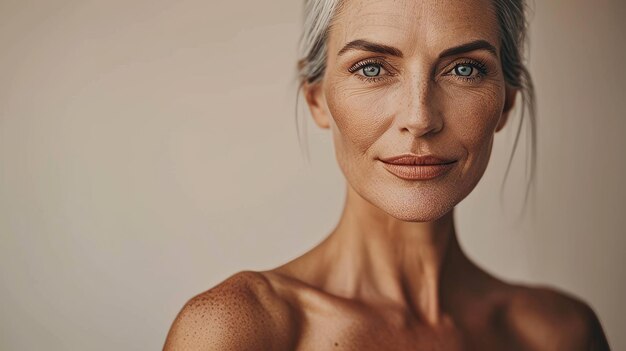 Foto uma mulher com cabelos grisalhos e olhos azuis