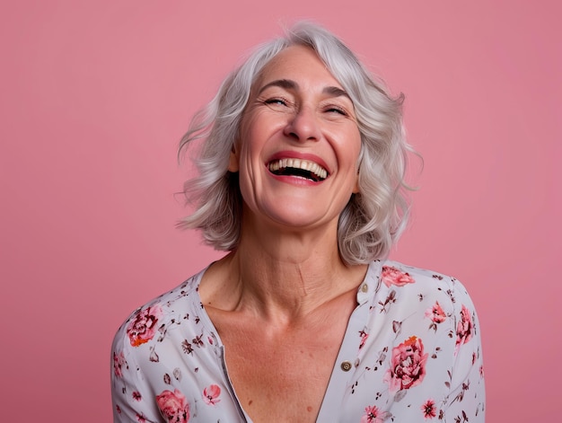 Uma mulher com cabelos grisalhos e um sorriso em um fundo rosa