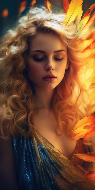 Uma mulher com cabelos loiros e um fogo ardente em seu cabelo