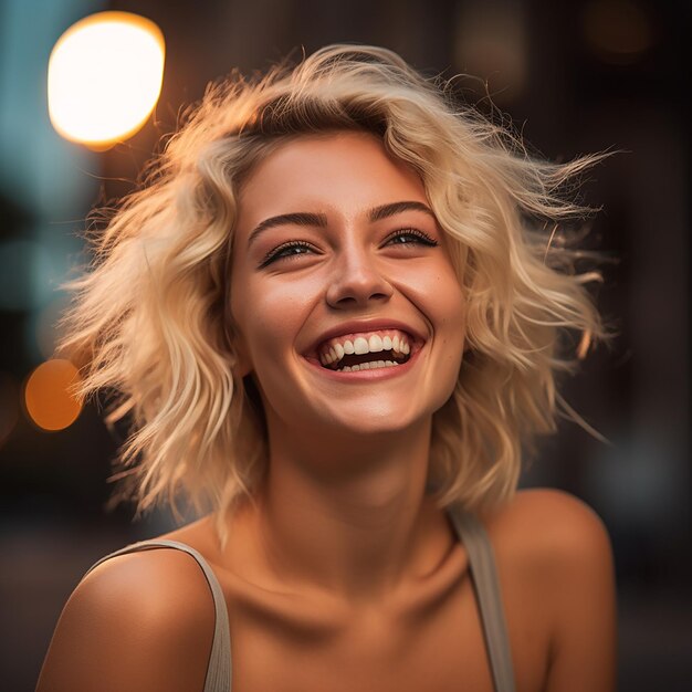 uma mulher com cabelos loiros sorrindo e sorrindo.