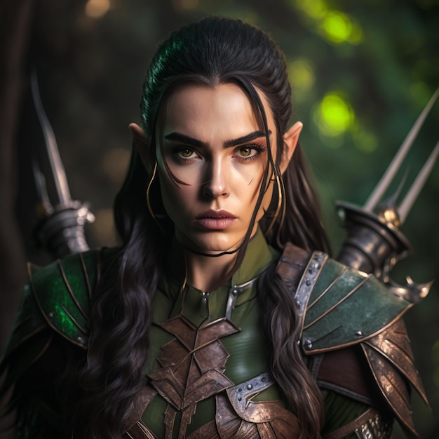 Uma mulher com cabelos longos e olhos verdes com a palavra elfo no rosto.