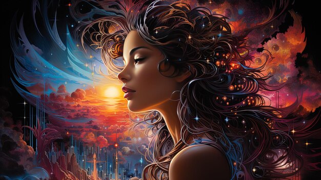 uma mulher com cabelos longos e um cabelo bonito está de pé na frente de uma paisagem urbana