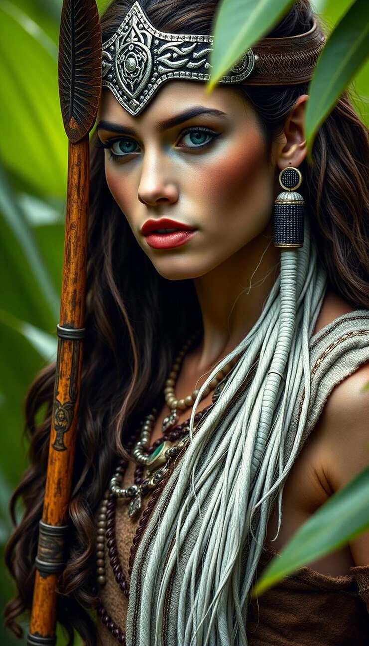 Foto uma mulher com cabelos longos e um colar longo está posando com um bastão