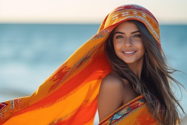 Uma mulher com cabelos longos e um lenço na cabeça está na praia.