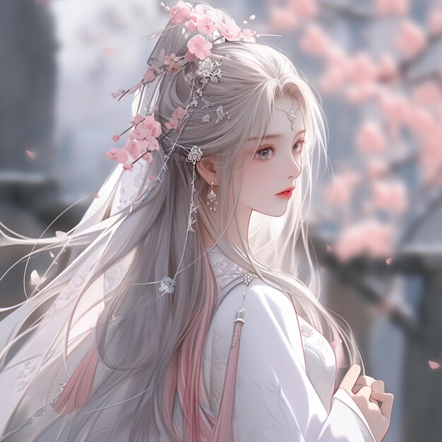 uma mulher com cabelos longos e um vestido branco com uma flor rosa no cabelo