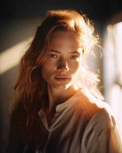 uma mulher com cabelos longos e uma camisa branca com uma luz brilhando em seu rosto