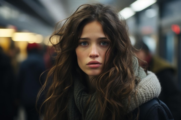 uma mulher com cabelos longos parada em uma estação de metrô