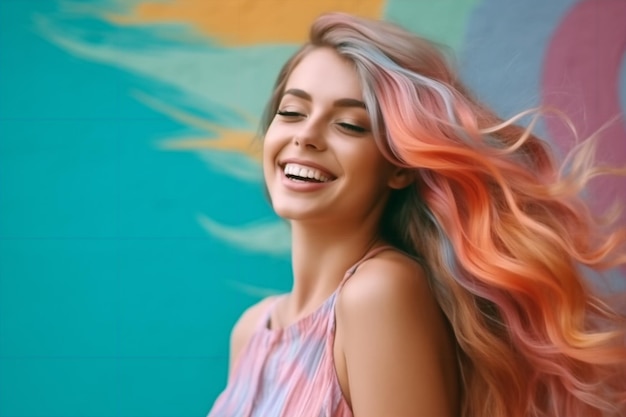 Uma mulher com cabelos longos sorri em frente a uma parede colorida