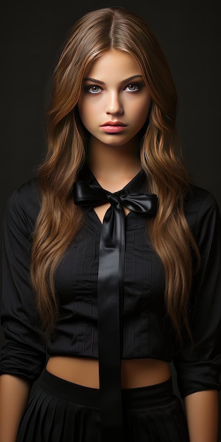 Uma mulher com cabelos longos vestindo uma camisa preta e uma gravata preta.