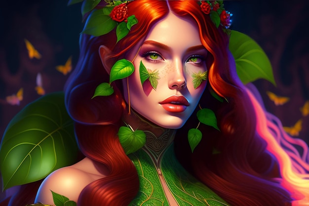 Uma mulher com cabelos ruivos e folhas verdes no rosto