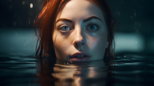 Uma mulher com cabelos ruivos e olhos azuis nada em uma piscina de água.