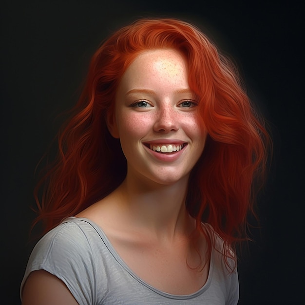 uma mulher com cabelos ruivos e olhos verdes sorrindo.