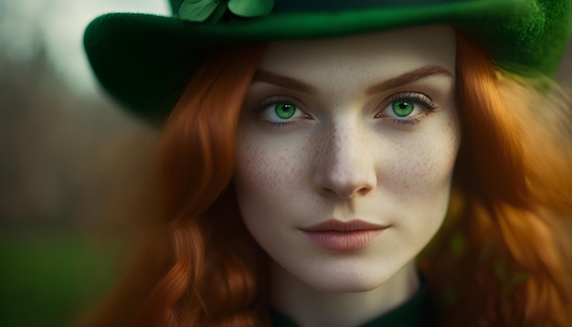 Uma mulher com cabelos ruivos e olhos verdes usando um chapéu de duende.