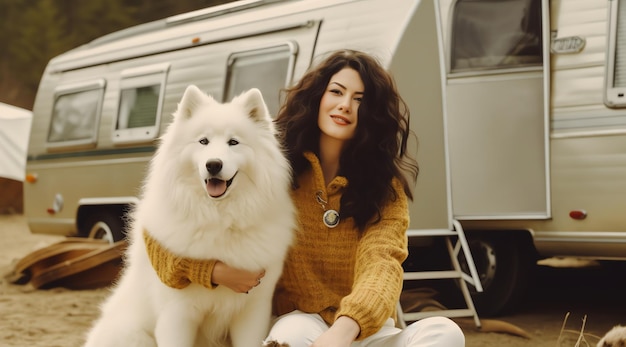 Uma mulher com cachorro com fundo de natureza