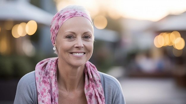 Uma mulher com câncer é vista do lado de foraxA