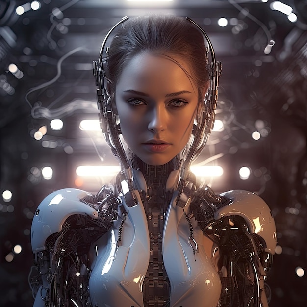 Uma mulher com cara de robô e fundo preto
