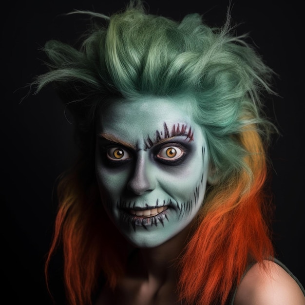 Uma mulher com cara de zumbi pintada como um zumbi.