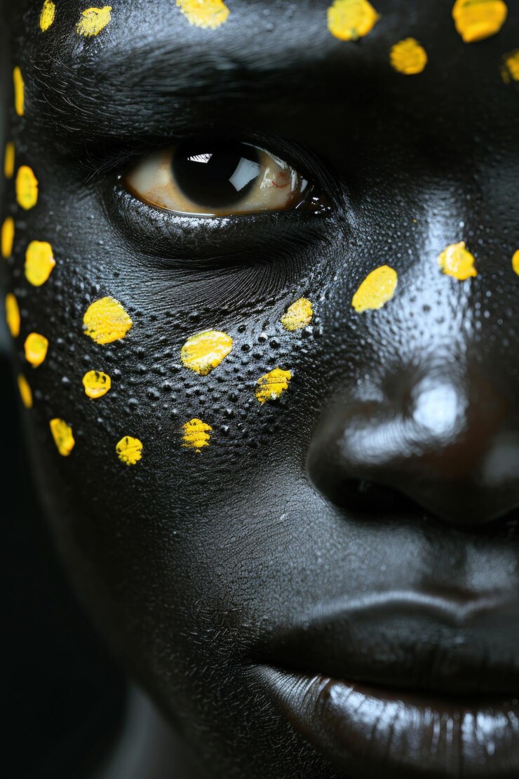 Foto uma mulher com cara pintada de preto e amarelo