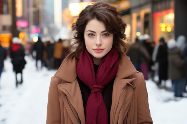 uma mulher com casaco e cachecol em pé em uma rua nevada