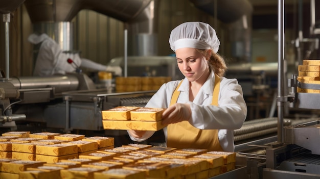 Uma mulher com chapéu de chef coloca queijo em uma panela.