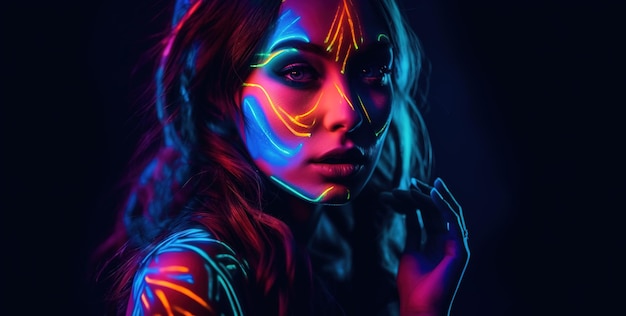 Uma mulher com cores neon no rosto