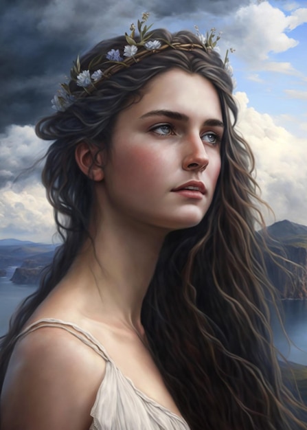 Uma mulher com coroa de flores vestida de deusa grega com vista para a montanha