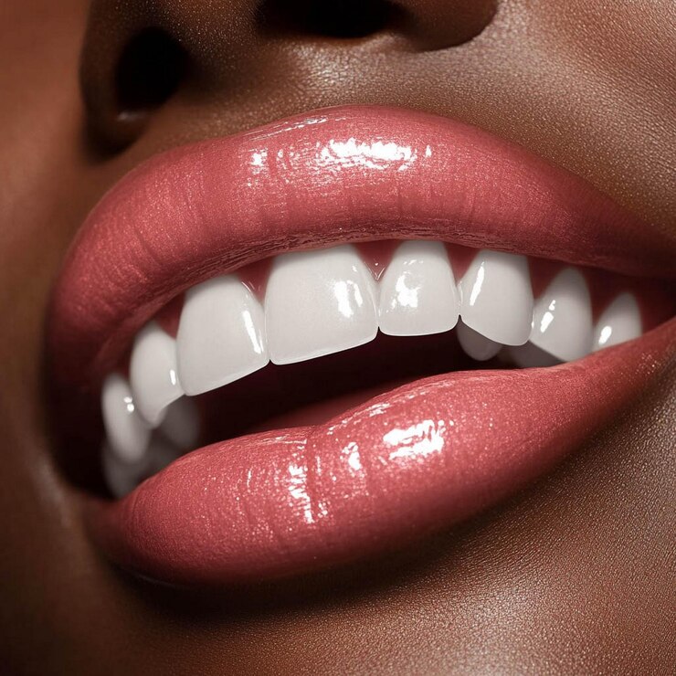 Foto uma mulher com dente branco e batom vermelho tem dentes brancos