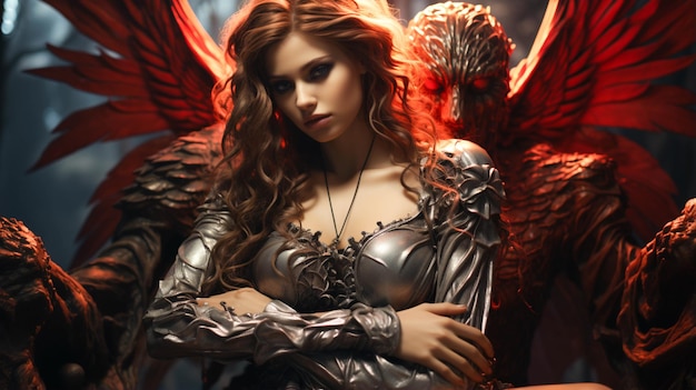 Uma mulher com dois anjos segurando um conceito de estátua de coração
