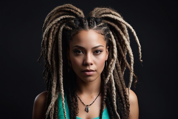 Uma mulher com dreadlocks e dreadlock é mostrada na frente de um fundo preto